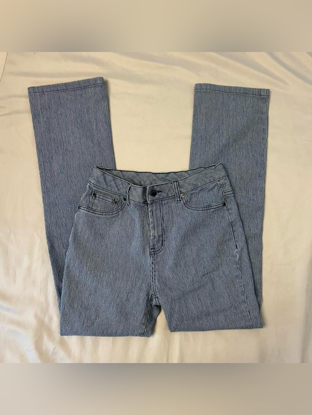 Vintage Blue + White Micro Striped Straight Leg Jeans from DG2 by Diane Gilman